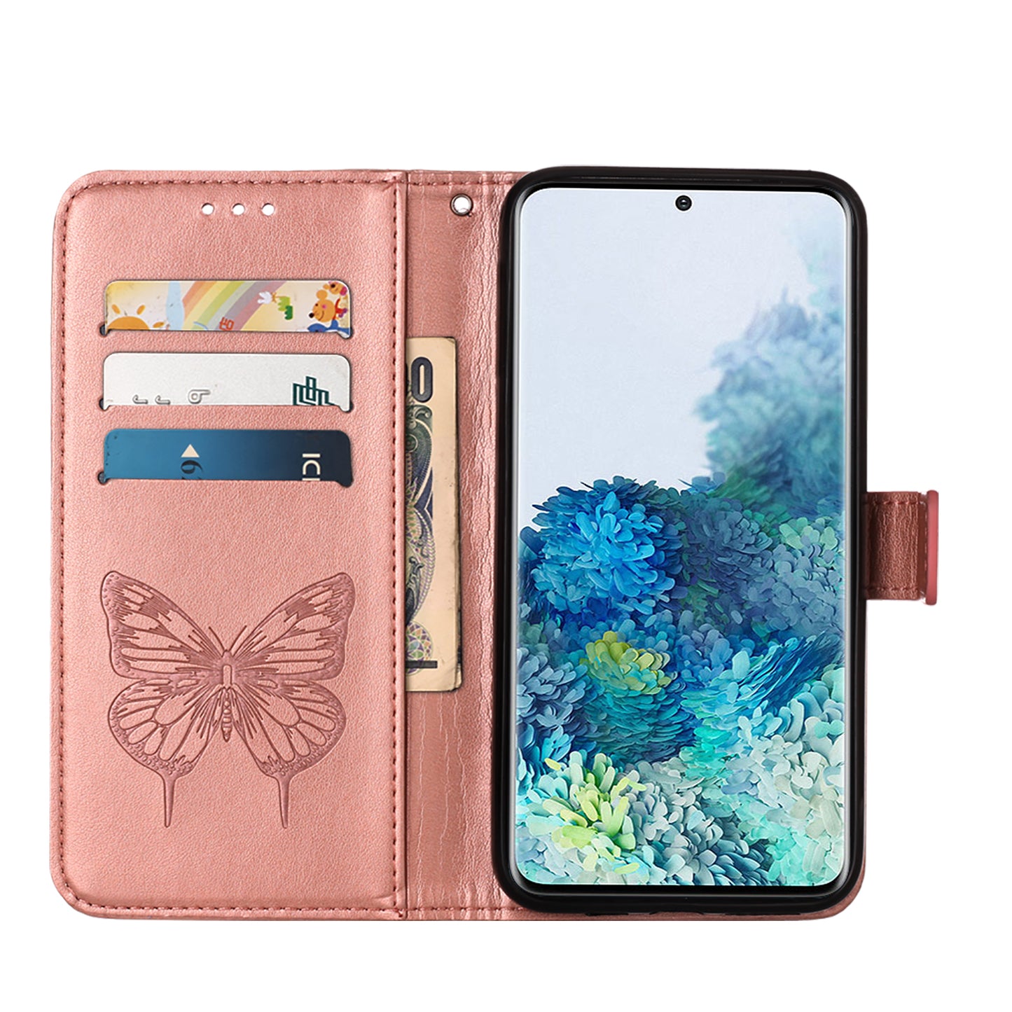 Imprint Butterfly Leather Wallet Stand Case Protective Shell for Samsung Galaxy S20 4G/S20 5G - Rose Gold