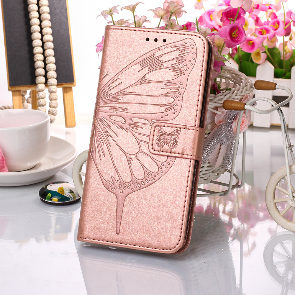 Imprint Butterfly Leather Wallet Stand Case Protective Shell for Samsung Galaxy S20 4G/S20 5G - Rose Gold