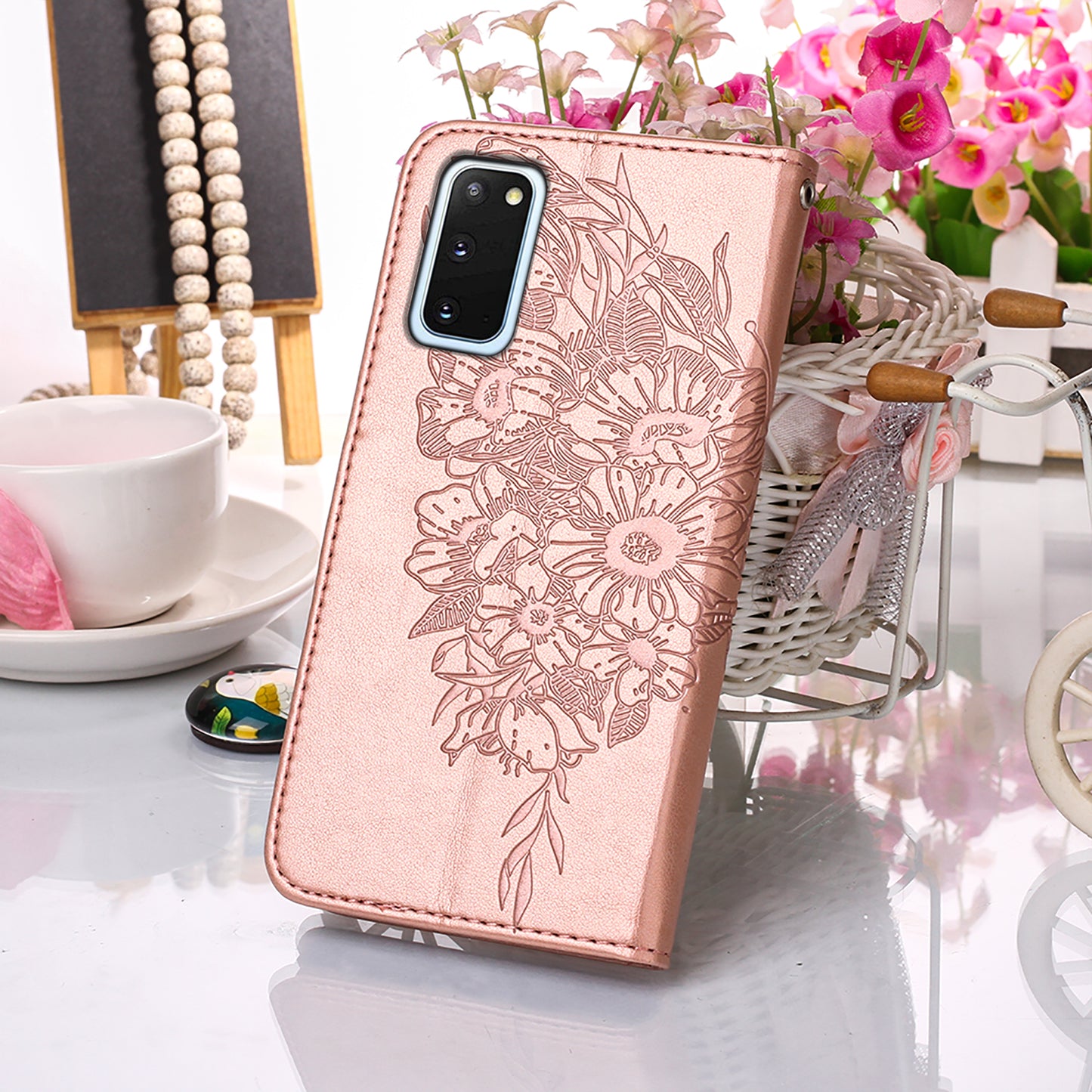 Imprint Butterfly Leather Wallet Stand Case Protective Shell for Samsung Galaxy S20 4G/S20 5G - Rose Gold