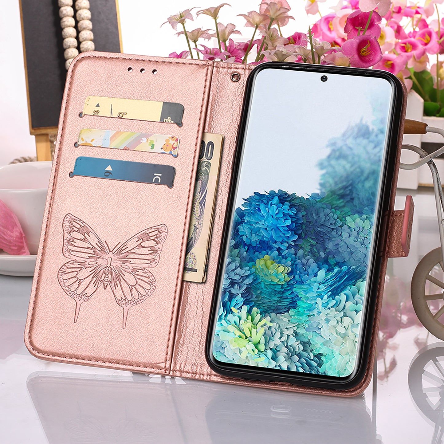 Imprint Butterfly Leather Wallet Stand Case Protective Shell for Samsung Galaxy S20 4G/S20 5G - Rose Gold