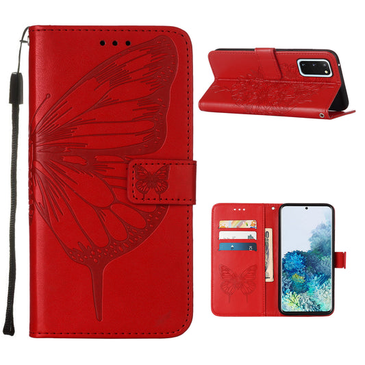 Imprint Butterfly Leather Wallet Stand Case Protective Shell for Samsung Galaxy S20 4G/S20 5G - Red