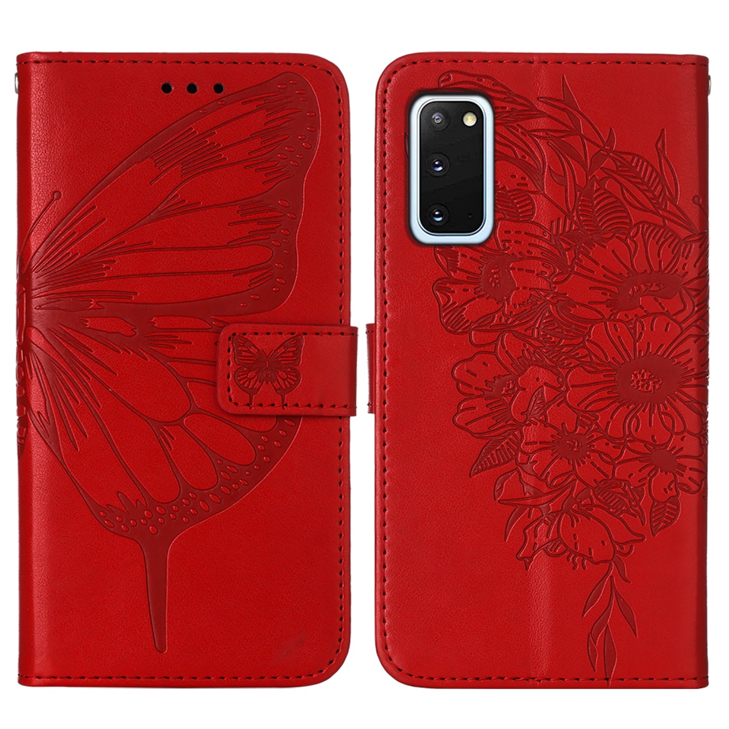 Imprint Butterfly Leather Wallet Stand Case Protective Shell for Samsung Galaxy S20 4G/S20 5G - Red
