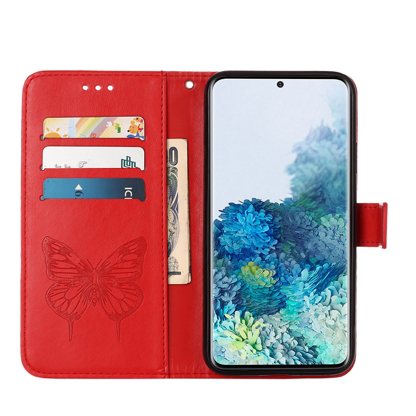 Imprint Butterfly Leather Wallet Stand Case Protective Shell for Samsung Galaxy S20 4G/S20 5G - Red