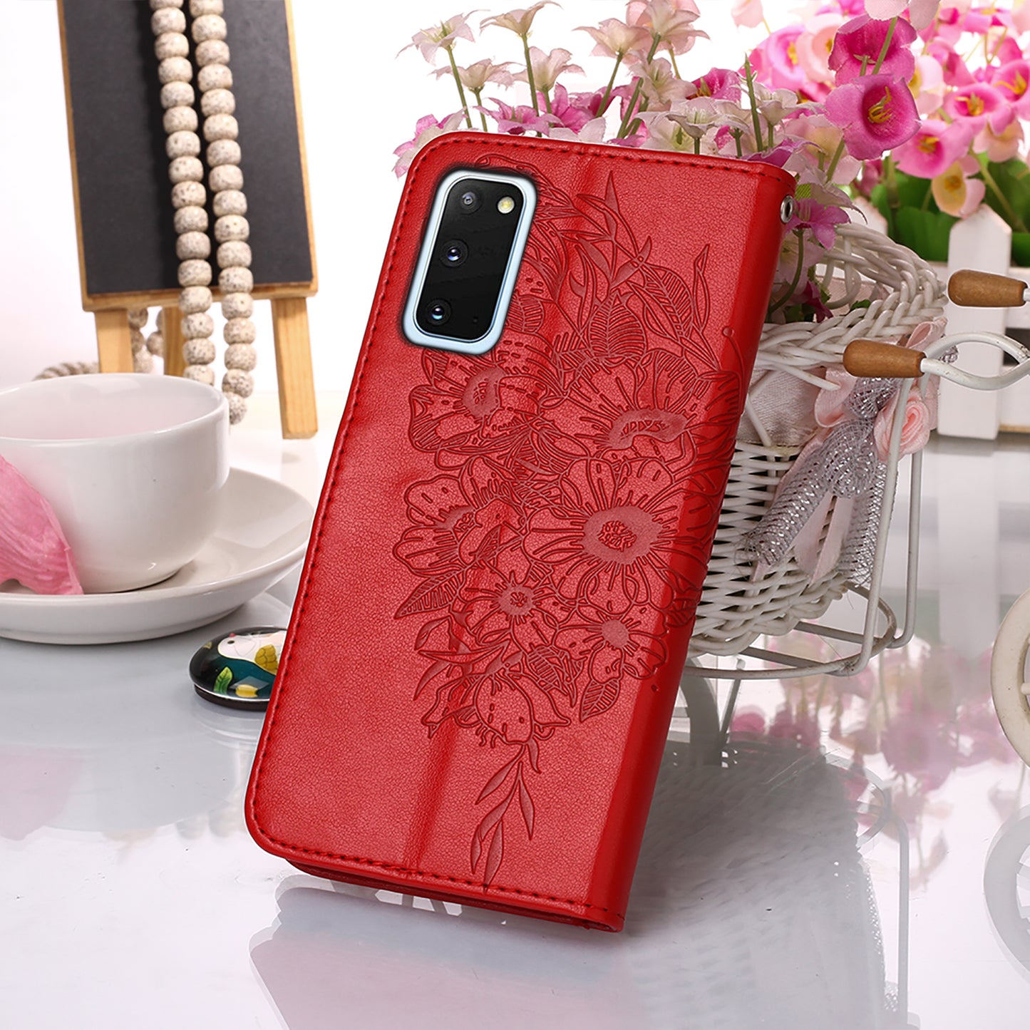 Imprint Butterfly Leather Wallet Stand Case Protective Shell for Samsung Galaxy S20 4G/S20 5G - Red