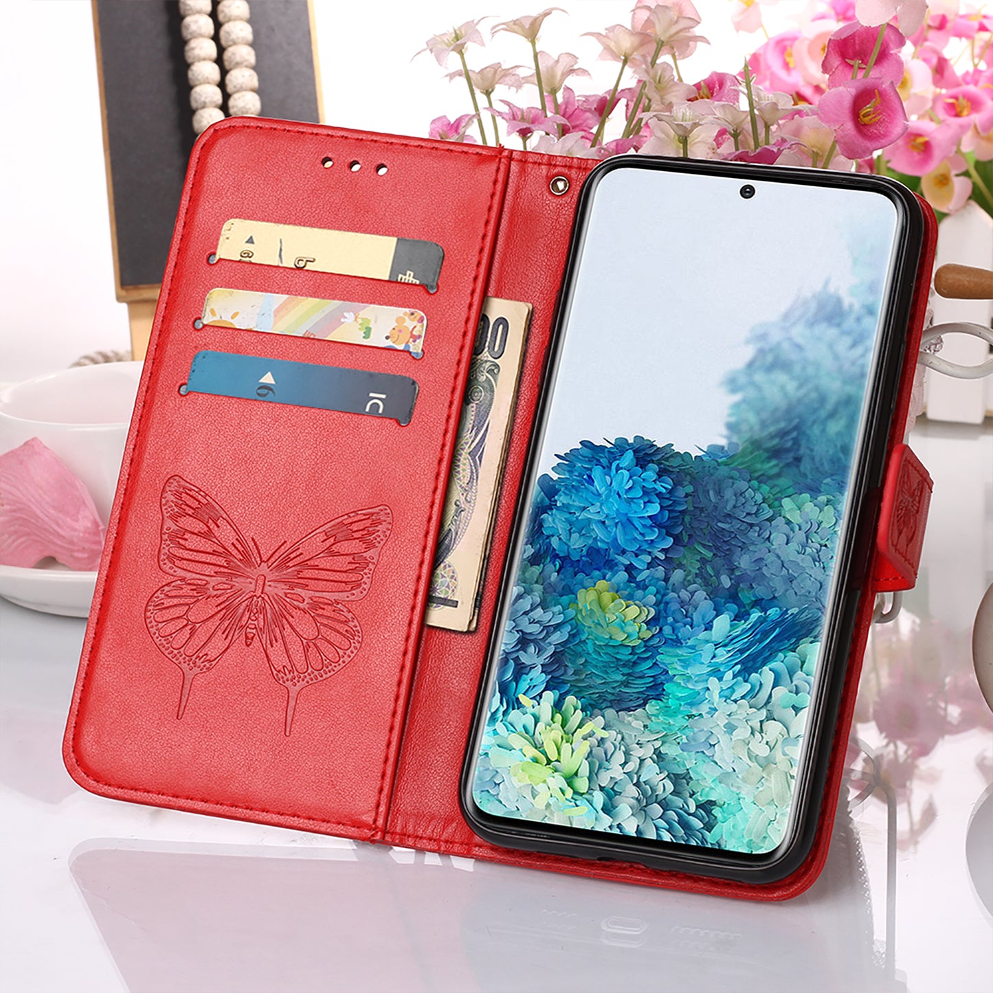 Imprint Butterfly Leather Wallet Stand Case Protective Shell for Samsung Galaxy S20 4G/S20 5G - Red