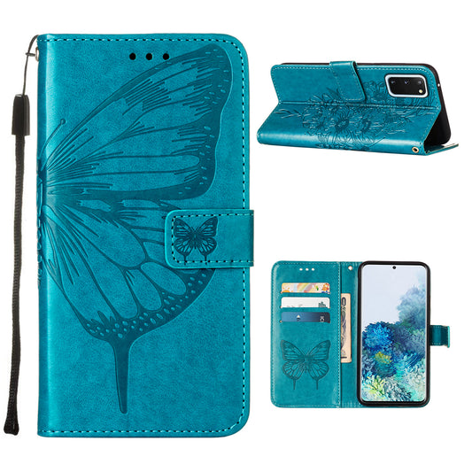 Imprint Butterfly Leather Wallet Stand Case Protective Shell for Samsung Galaxy S20 4G/S20 5G - Blue