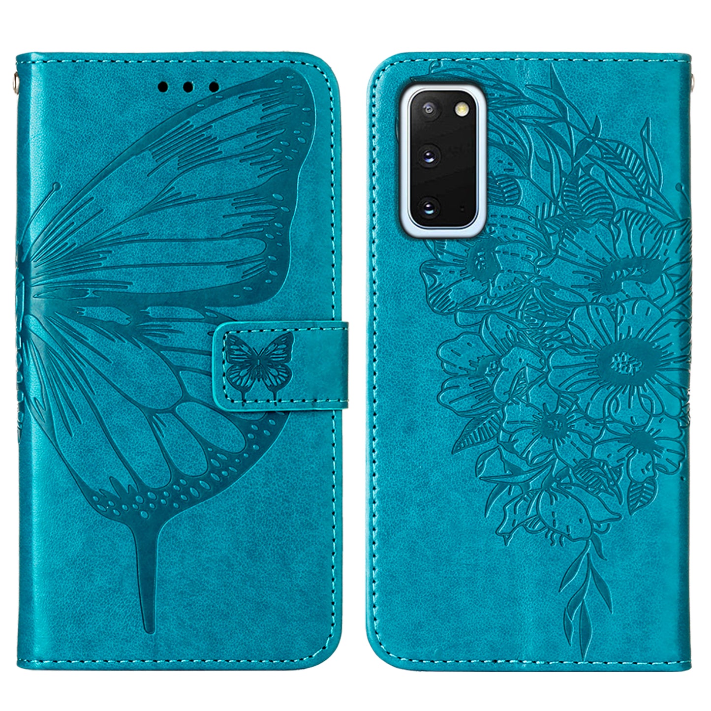 Imprint Butterfly Leather Wallet Stand Case Protective Shell for Samsung Galaxy S20 4G/S20 5G - Blue