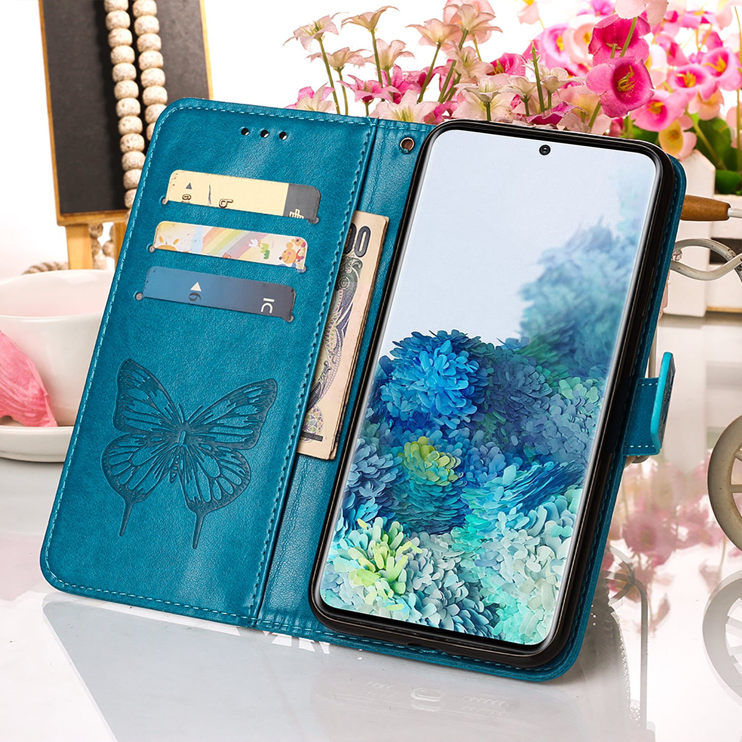 Imprint Butterfly Leather Wallet Stand Case Protective Shell for Samsung Galaxy S20 4G/S20 5G - Blue