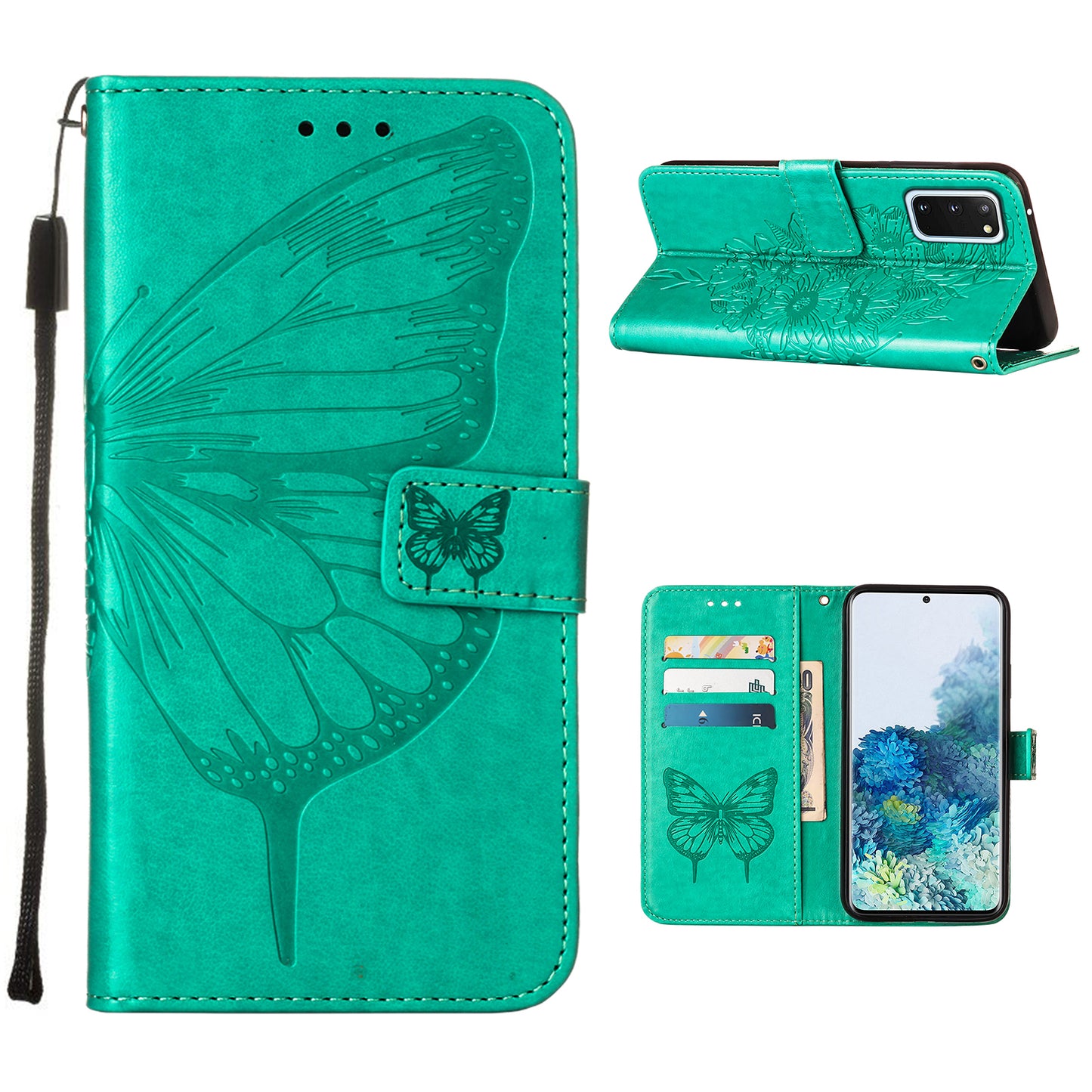 Imprint Butterfly Leather Wallet Stand Case Protective Shell for Samsung Galaxy S20 4G/S20 5G - Cyan