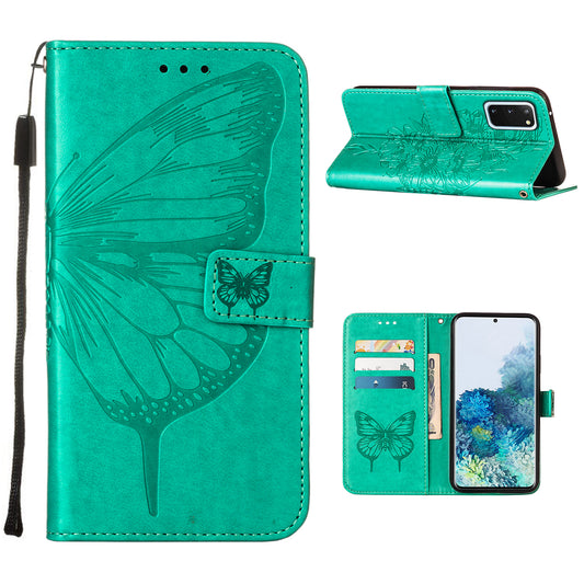 Imprint Butterfly Leather Wallet Stand Case Protective Shell for Samsung Galaxy S20 4G/S20 5G - Cyan