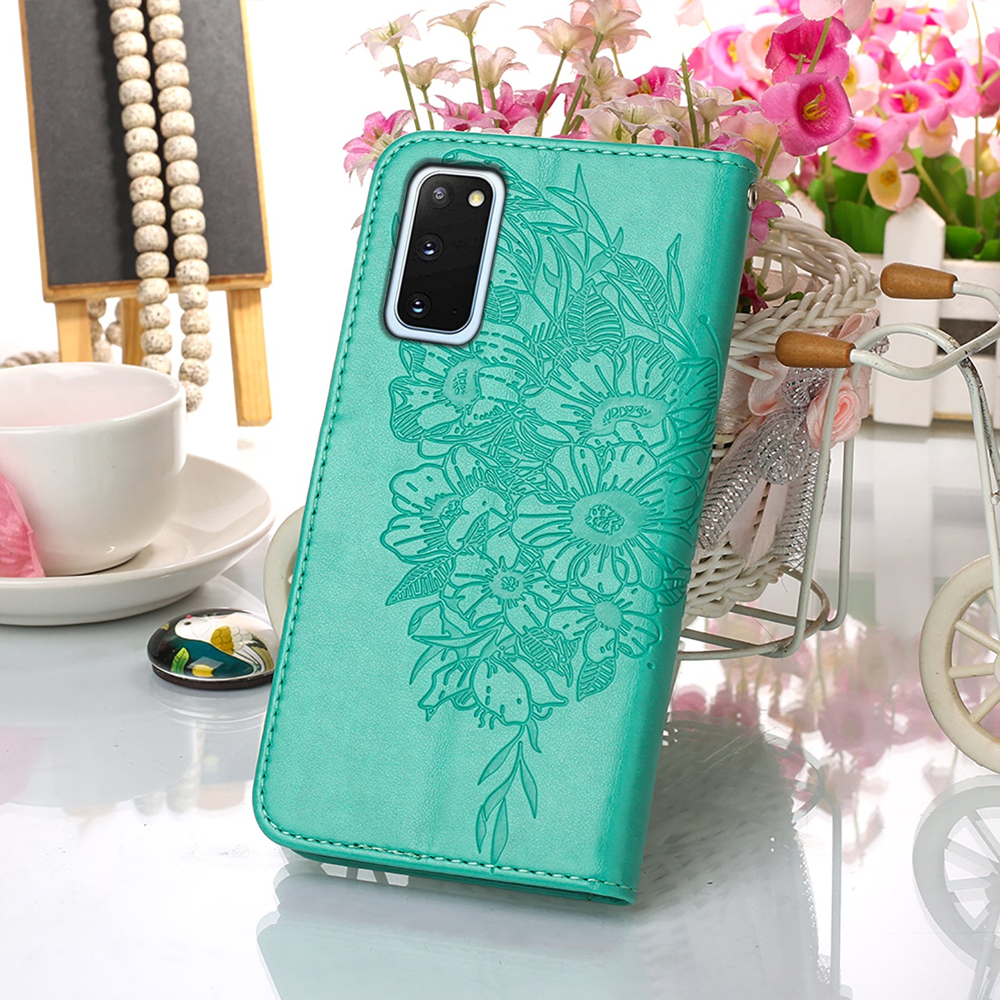 Imprint Butterfly Leather Wallet Stand Case Protective Shell for Samsung Galaxy S20 4G/S20 5G - Cyan