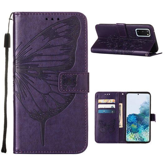 Imprint Butterfly Leather Wallet Stand Case Protective Shell for Samsung Galaxy S20 4G/S20 5G - Dark Purple