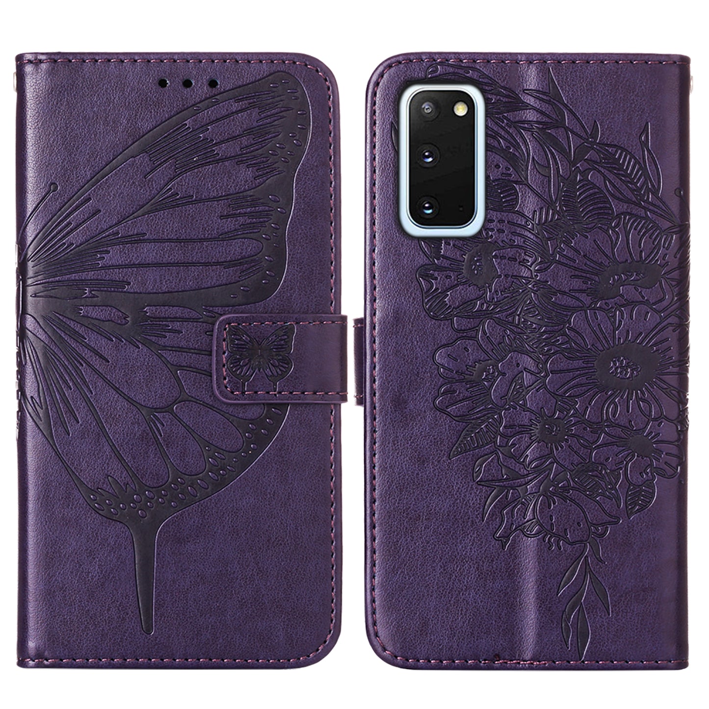 Imprint Butterfly Leather Wallet Stand Case Protective Shell for Samsung Galaxy S20 4G/S20 5G - Dark Purple