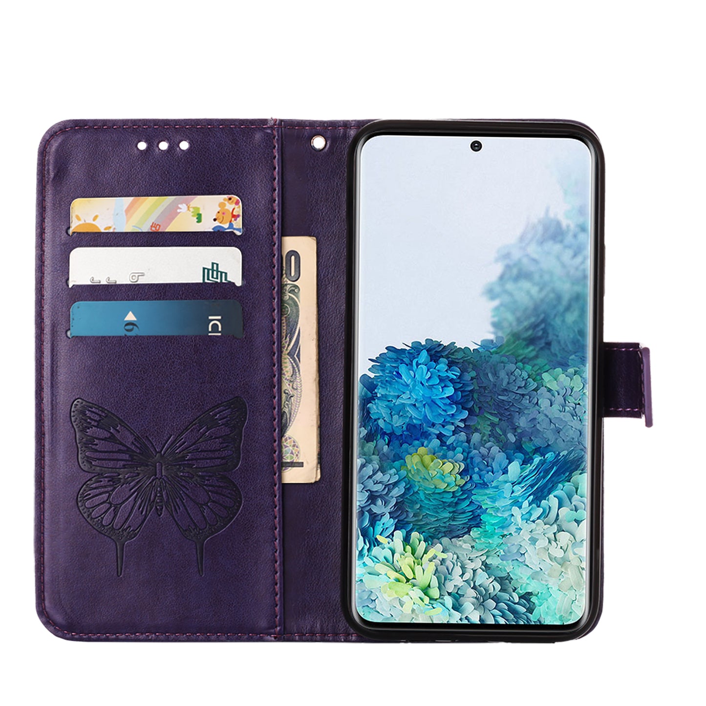 Imprint Butterfly Leather Wallet Stand Case Protective Shell for Samsung Galaxy S20 4G/S20 5G - Dark Purple