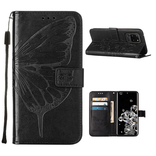 Imprint Butterfly Leather Wallet Stand Case Protective Shell for Samsung Galaxy S20 Ultra - Black