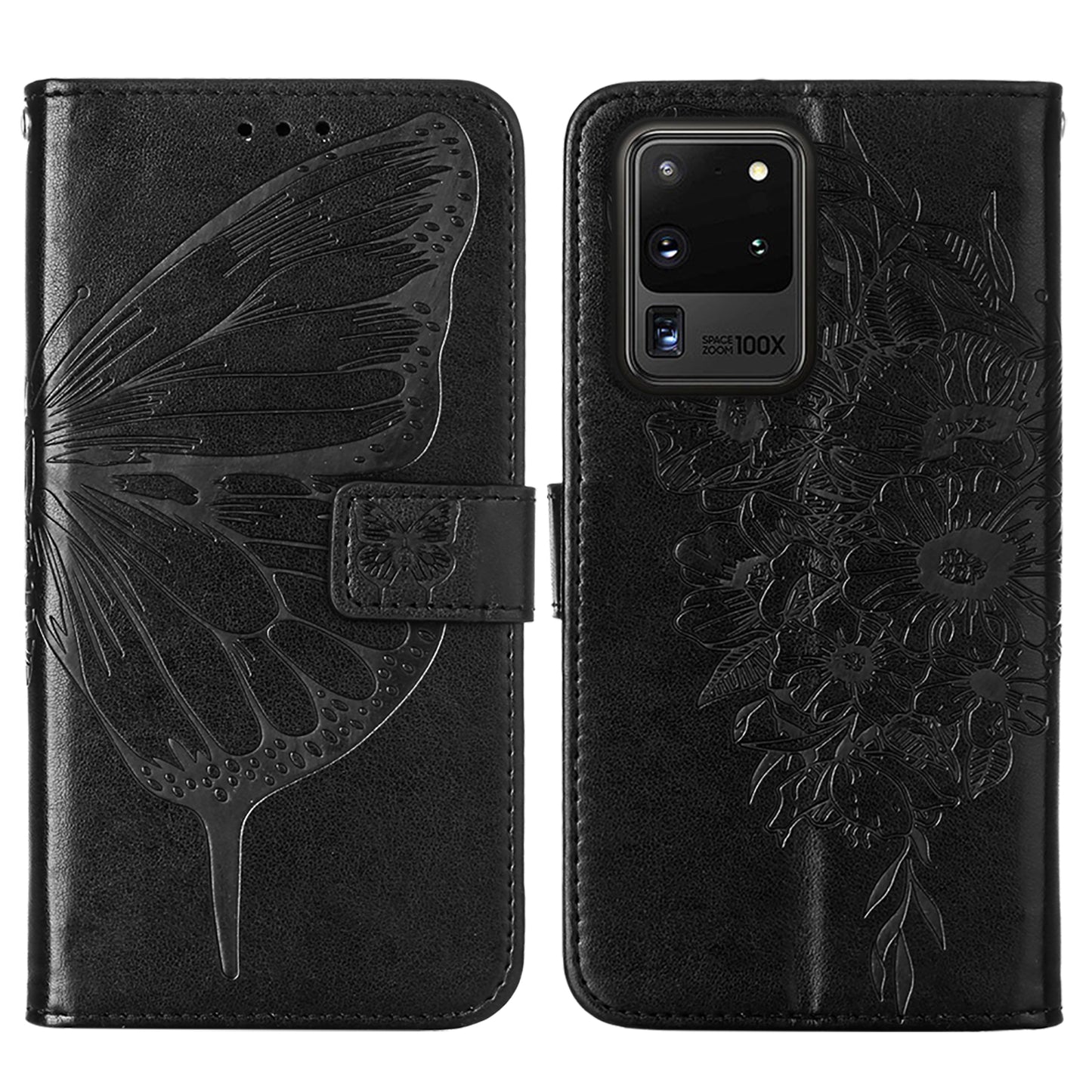 Imprint Butterfly Leather Wallet Stand Case Protective Shell for Samsung Galaxy S20 Ultra - Black
