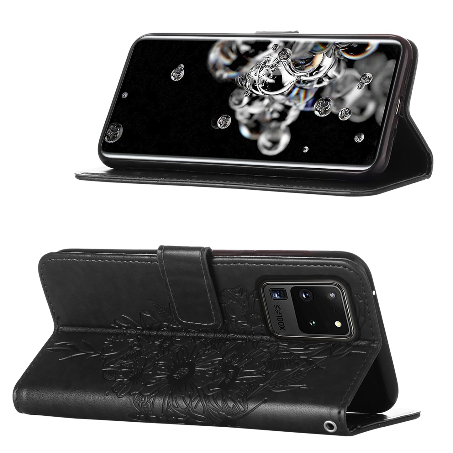Imprint Butterfly Leather Wallet Stand Case Protective Shell for Samsung Galaxy S20 Ultra - Black