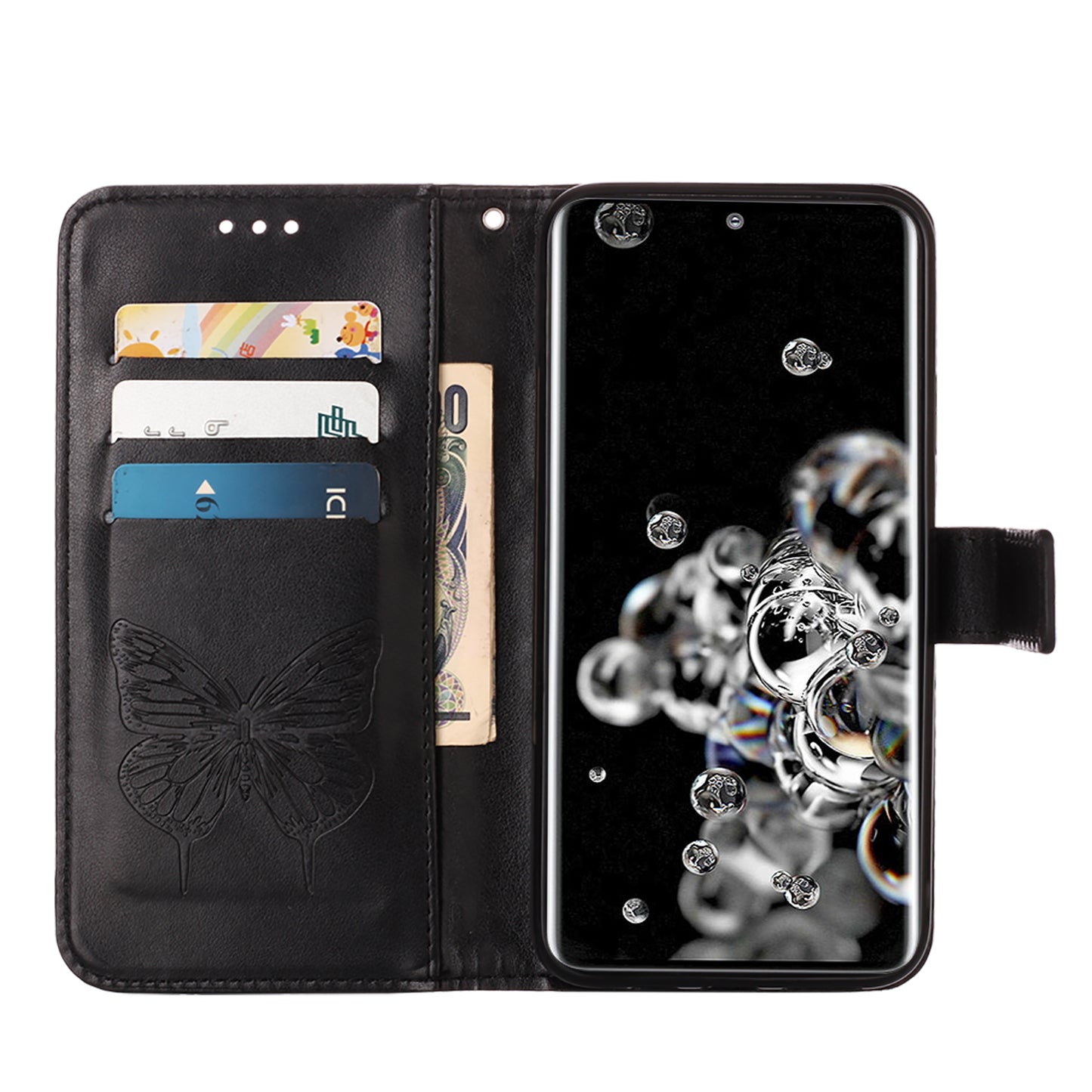 Imprint Butterfly Leather Wallet Stand Case Protective Shell for Samsung Galaxy S20 Ultra - Black