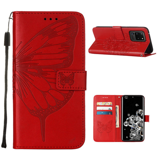 Imprint Butterfly Leather Wallet Stand Case Protective Shell for Samsung Galaxy S20 Ultra - Red