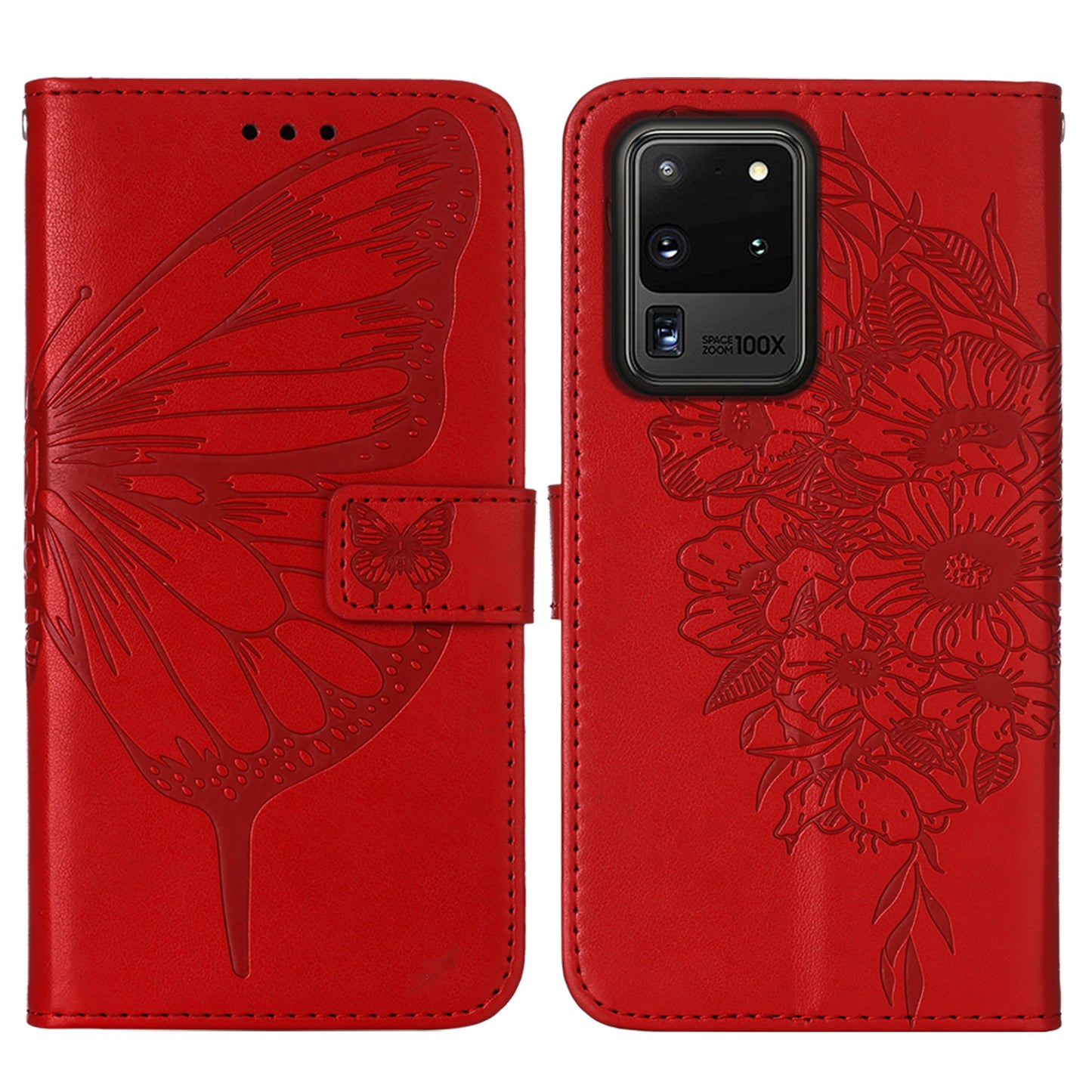 Imprint Butterfly Leather Wallet Stand Case Protective Shell for Samsung Galaxy S20 Ultra - Red