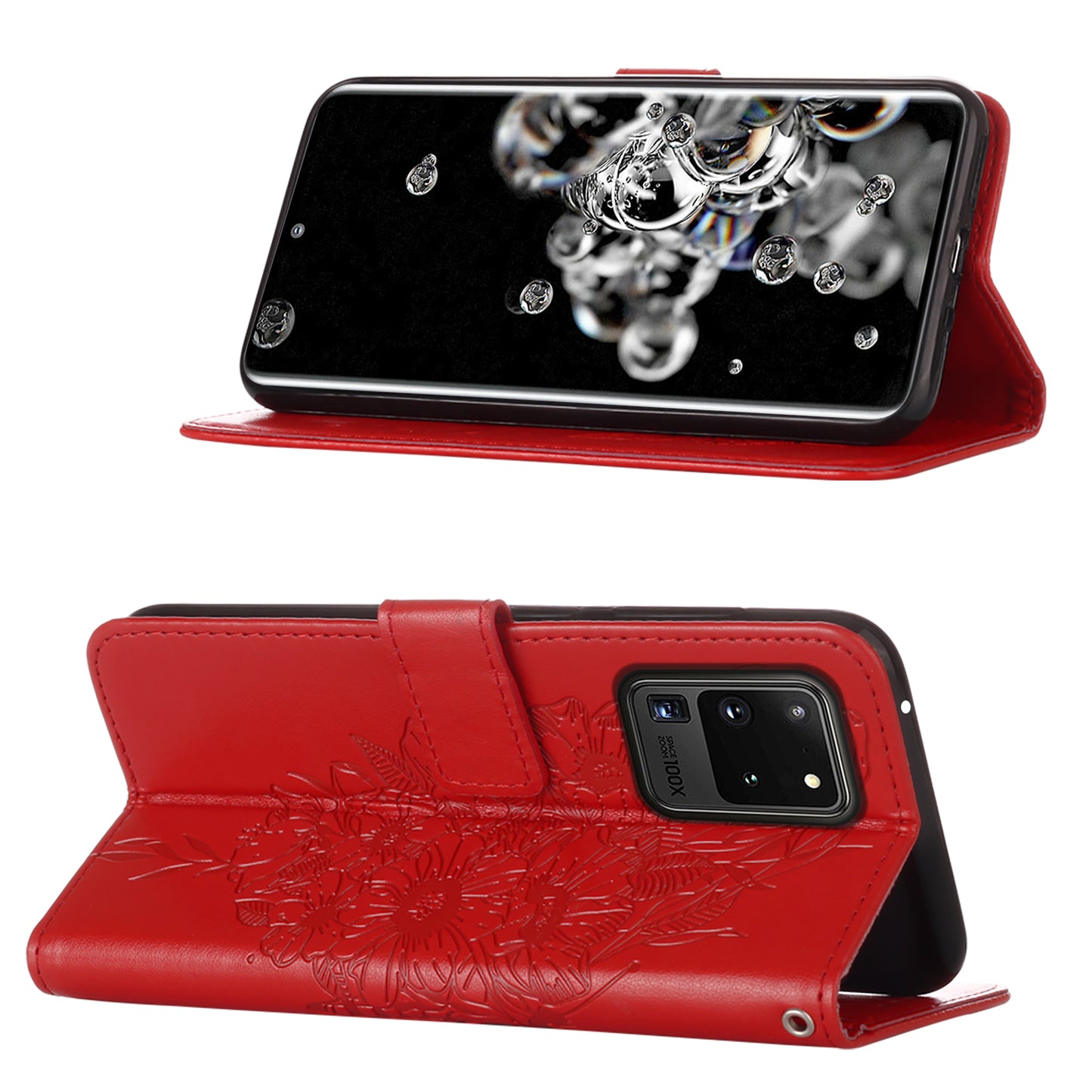 Imprint Butterfly Leather Wallet Stand Case Protective Shell for Samsung Galaxy S20 Ultra - Red