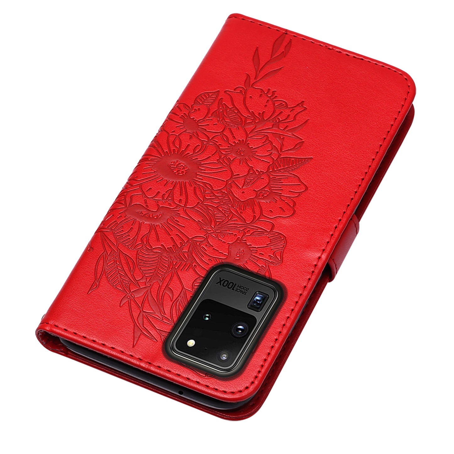 Imprint Butterfly Leather Wallet Stand Case Protective Shell for Samsung Galaxy S20 Ultra - Red