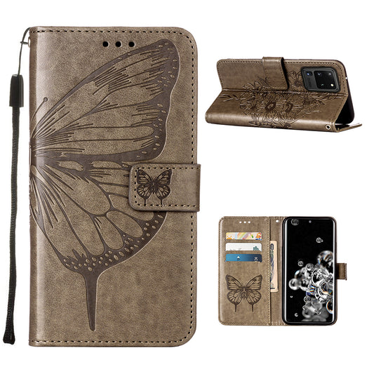 Imprint Butterfly Leather Wallet Stand Case Protective Shell for Samsung Galaxy S20 Ultra - Grey