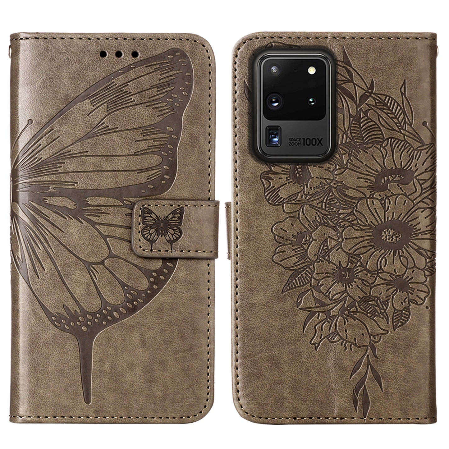 Imprint Butterfly Leather Wallet Stand Case Protective Shell for Samsung Galaxy S20 Ultra - Grey