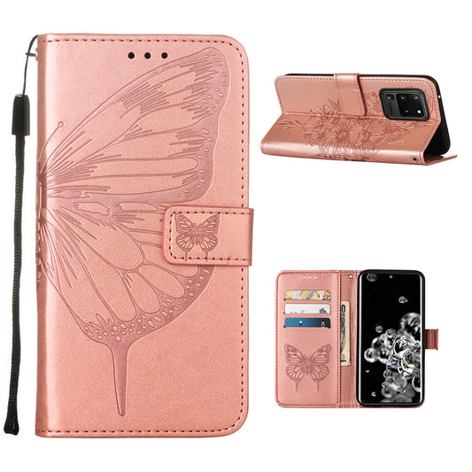 Imprint Butterfly Leather Wallet Stand Case Protective Shell for Samsung Galaxy S20 Ultra - Rose Gold