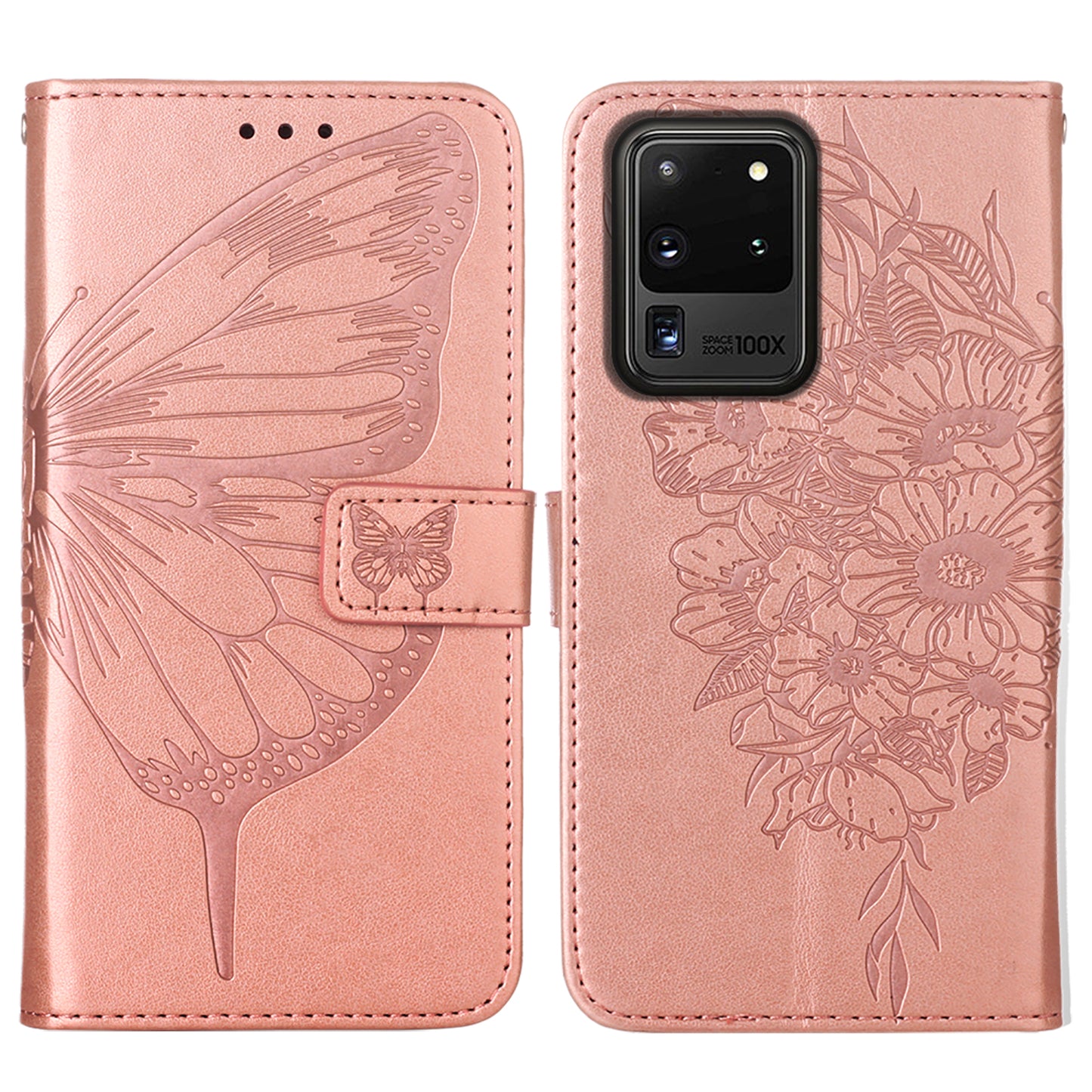 Imprint Butterfly Leather Wallet Stand Case Protective Shell for Samsung Galaxy S20 Ultra - Rose Gold