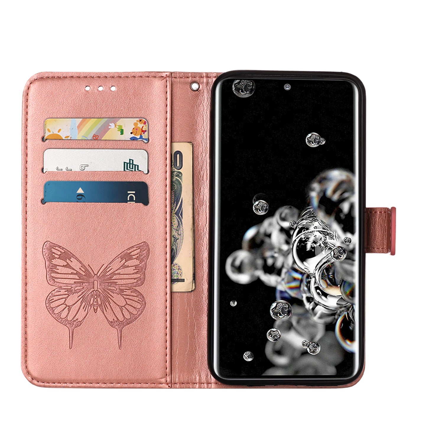 Imprint Butterfly Leather Wallet Stand Case Protective Shell for Samsung Galaxy S20 Ultra - Rose Gold