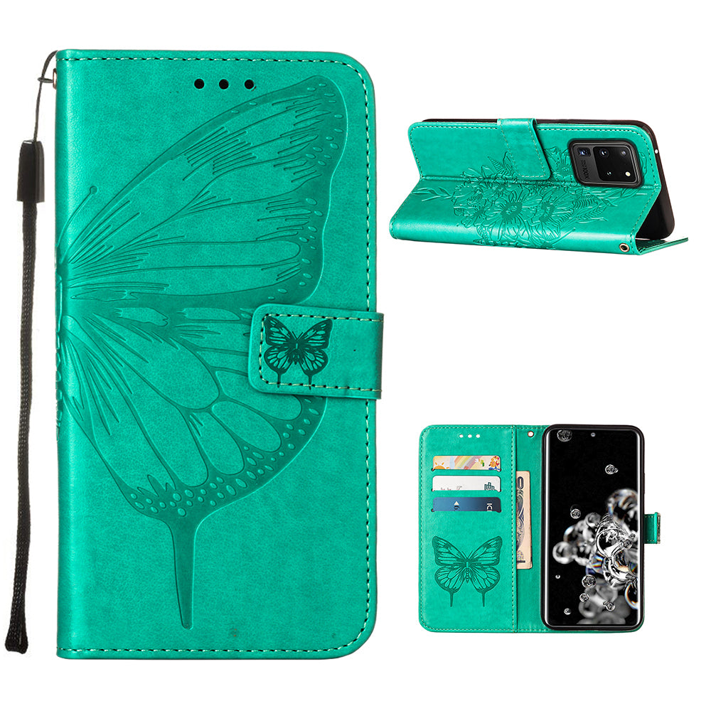 Imprint Butterfly Leather Wallet Stand Case Protective Shell for Samsung Galaxy S20 Ultra - Cyan