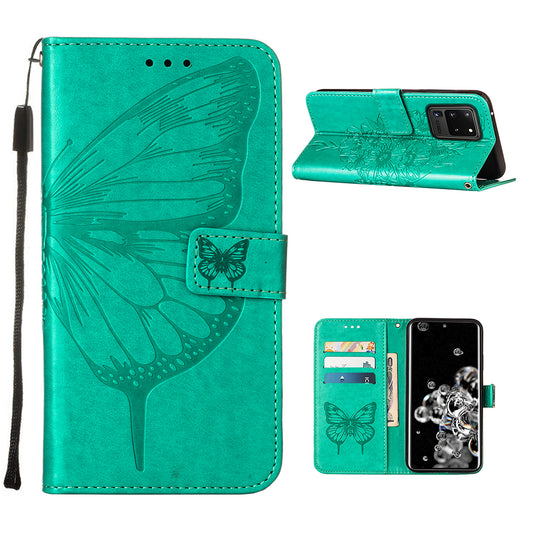 Imprint Butterfly Leather Wallet Stand Case Protective Shell for Samsung Galaxy S20 Ultra - Cyan