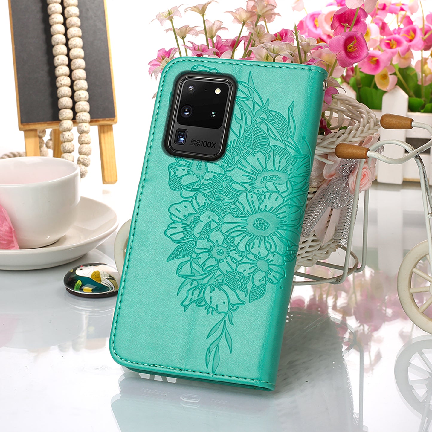 Imprint Butterfly Leather Wallet Stand Case Protective Shell for Samsung Galaxy S20 Ultra - Cyan