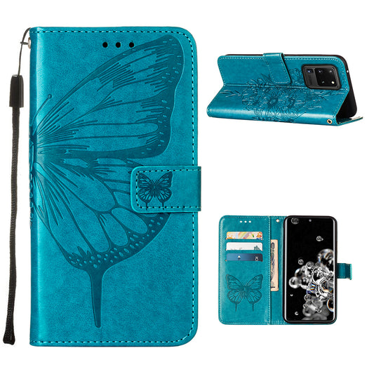Imprint Butterfly Leather Wallet Stand Case Protective Shell for Samsung Galaxy S20 Ultra - Blue