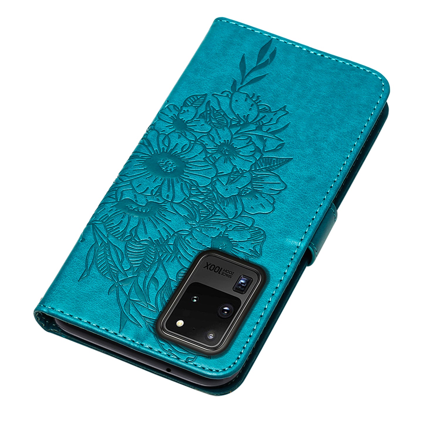Imprint Butterfly Leather Wallet Stand Case Protective Shell for Samsung Galaxy S20 Ultra - Blue
