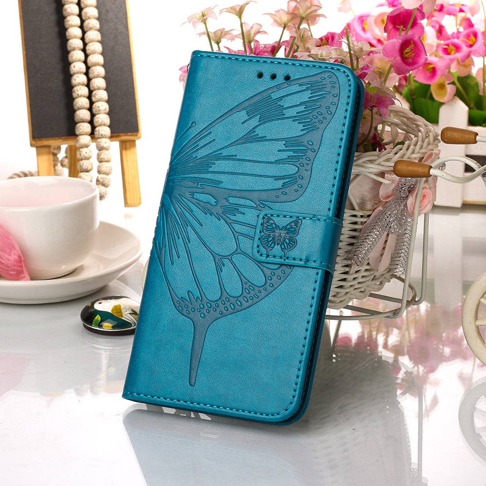 Imprint Butterfly Leather Wallet Stand Case Protective Shell for Samsung Galaxy S20 Ultra - Blue