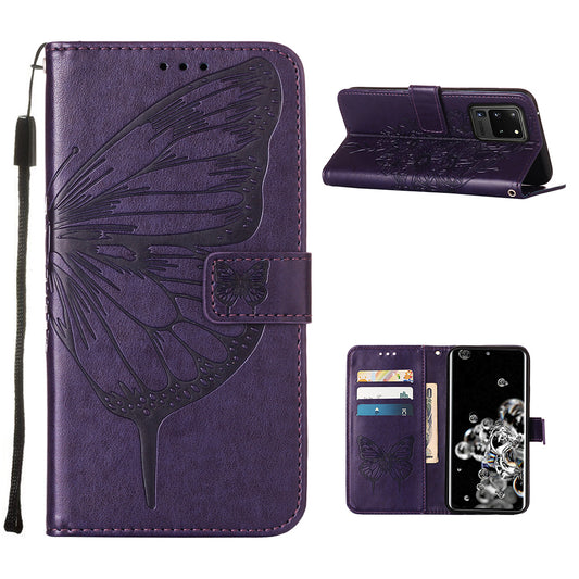 Imprint Butterfly Leather Wallet Stand Case Protective Shell for Samsung Galaxy S20 Ultra - Dark Purple