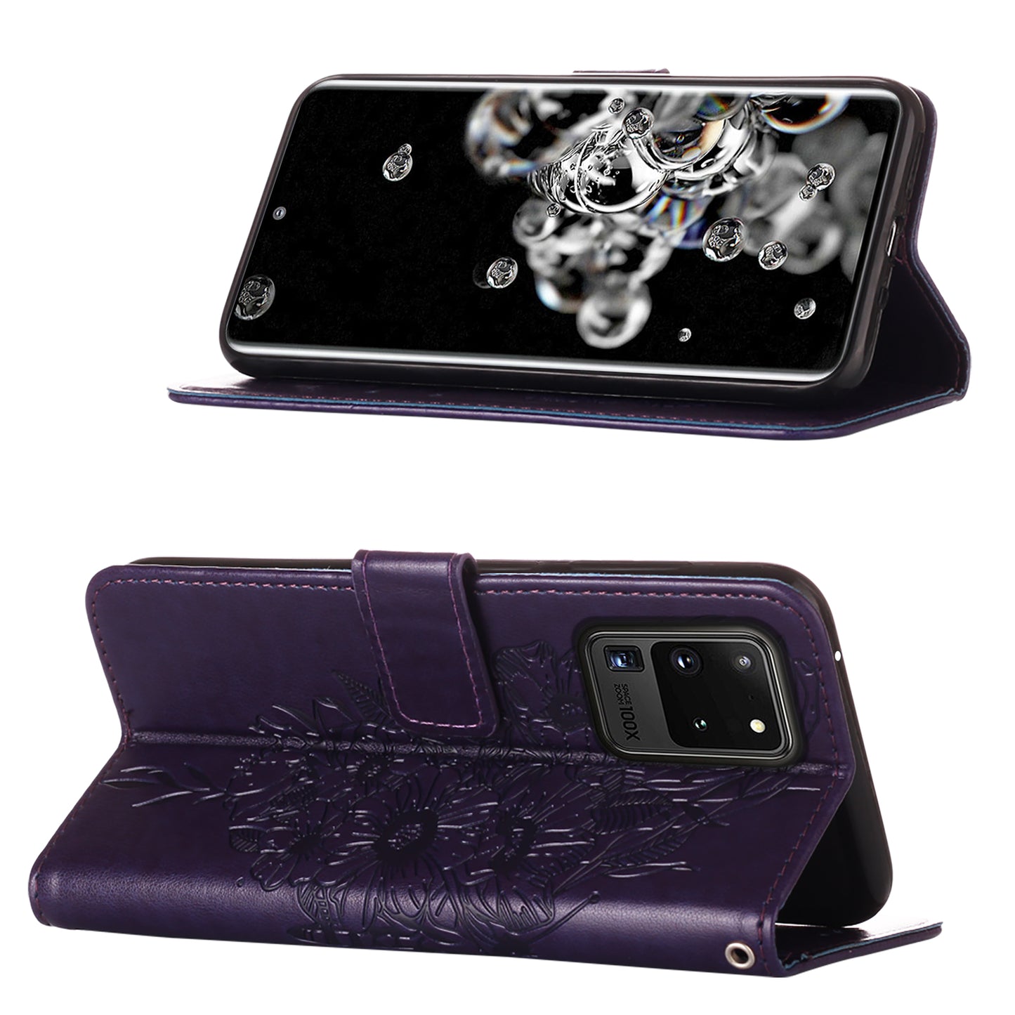 Imprint Butterfly Leather Wallet Stand Case Protective Shell for Samsung Galaxy S20 Ultra - Dark Purple