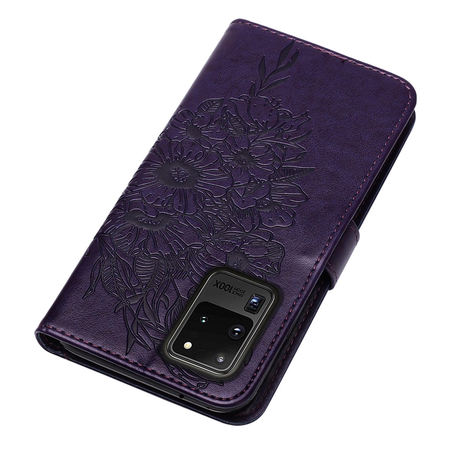 Imprint Butterfly Leather Wallet Stand Case Protective Shell for Samsung Galaxy S20 Ultra - Dark Purple