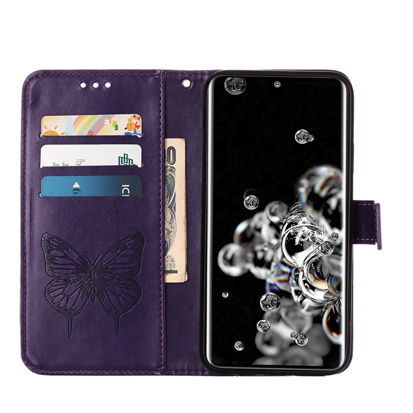 Imprint Butterfly Leather Wallet Stand Case Protective Shell for Samsung Galaxy S20 Ultra - Dark Purple