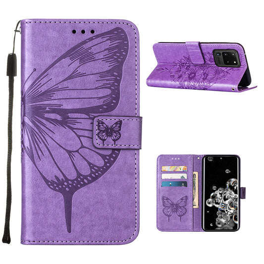Imprint Butterfly Leather Wallet Stand Case Protective Shell for Samsung Galaxy S20 Ultra - Light Purple