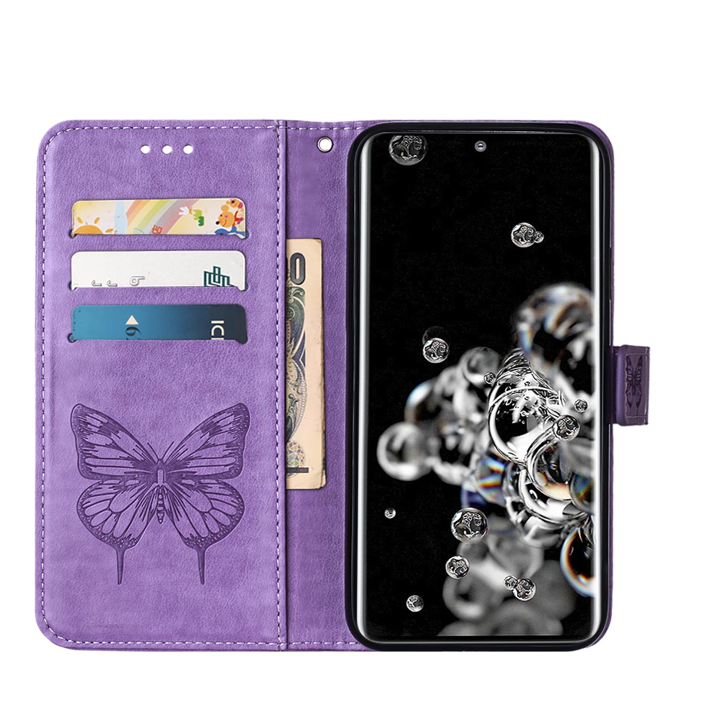 Imprint Butterfly Leather Wallet Stand Case Protective Shell for Samsung Galaxy S20 Ultra - Light Purple