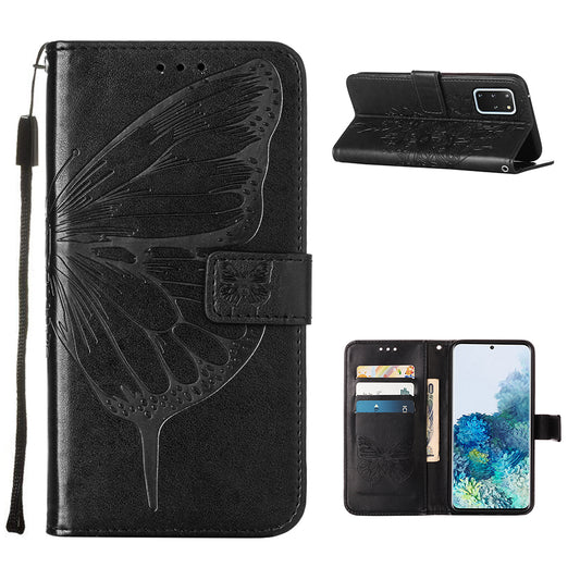 Imprint Butterfly and Flowers Wallet Leather Cell Phone Stand Shell for Samsung Galaxy S20 Plus / S20 Plus 5G - Black