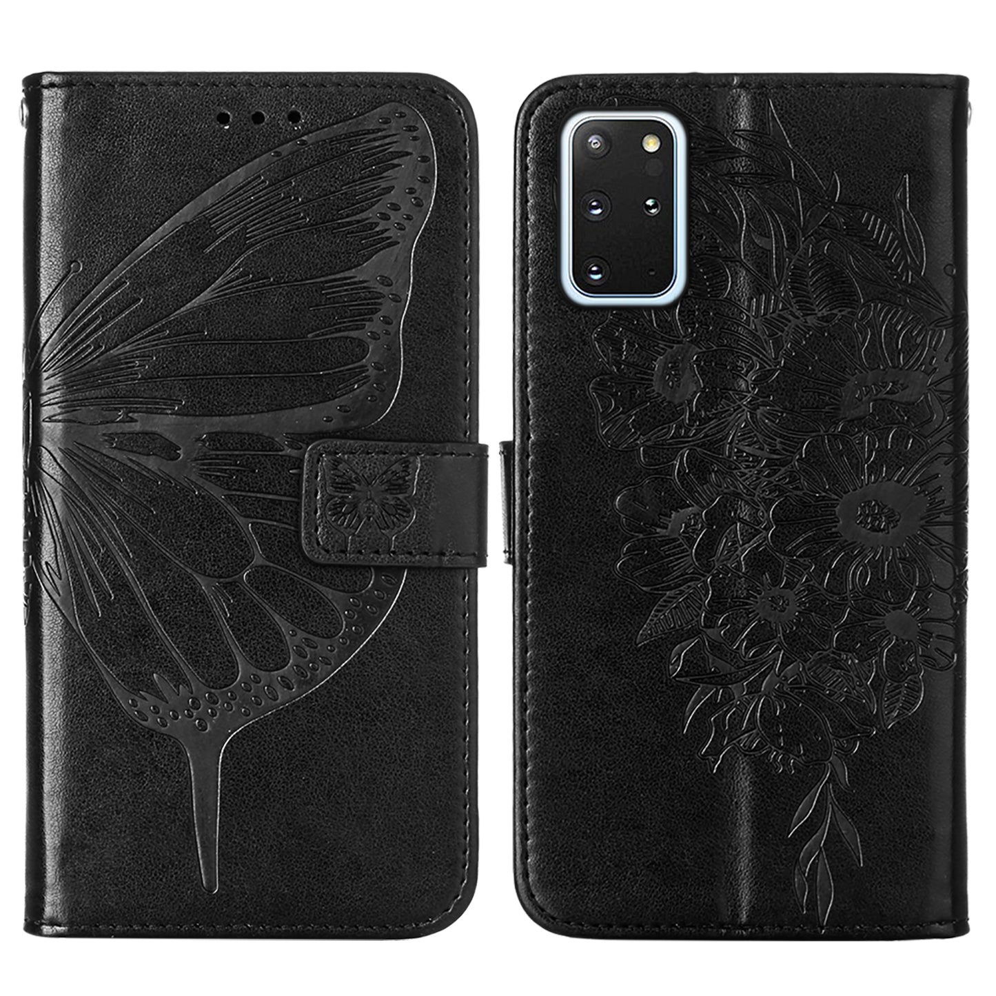 Imprint Butterfly and Flowers Wallet Leather Cell Phone Stand Shell for Samsung Galaxy S20 Plus / S20 Plus 5G - Black
