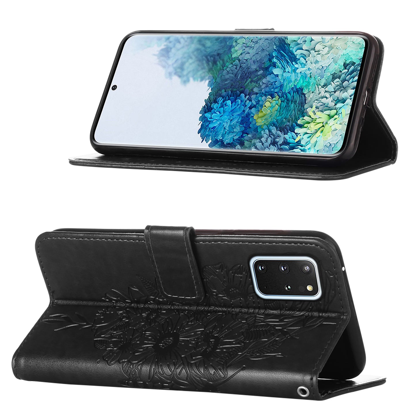 Imprint Butterfly and Flowers Wallet Leather Cell Phone Stand Shell for Samsung Galaxy S20 Plus / S20 Plus 5G - Black