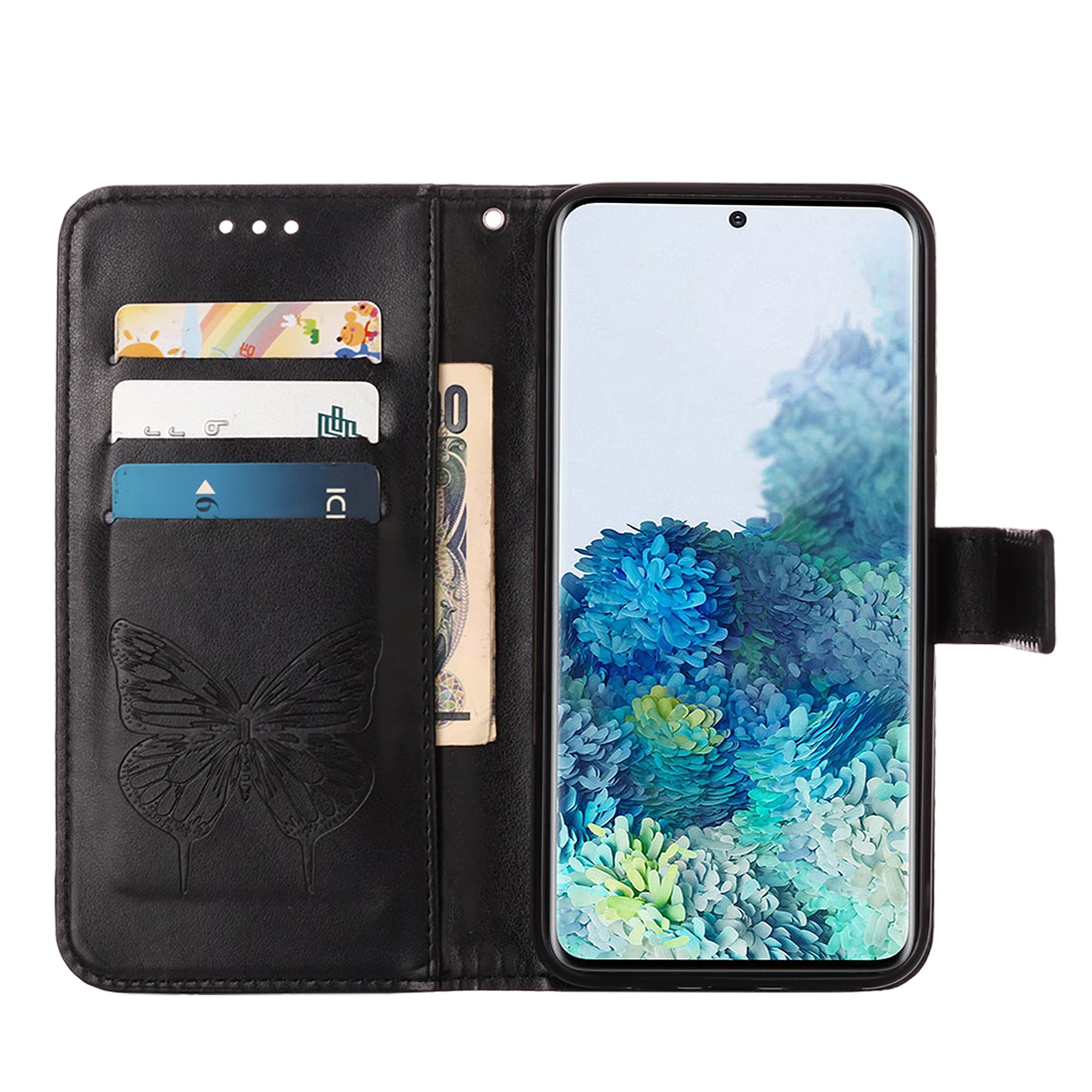 Imprint Butterfly and Flowers Wallet Leather Cell Phone Stand Shell for Samsung Galaxy S20 Plus / S20 Plus 5G - Black