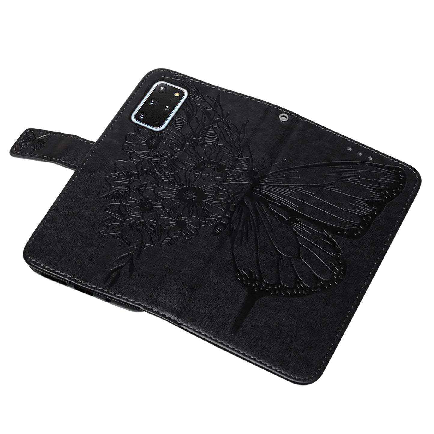 Imprint Butterfly and Flowers Wallet Leather Cell Phone Stand Shell for Samsung Galaxy S20 Plus / S20 Plus 5G - Black