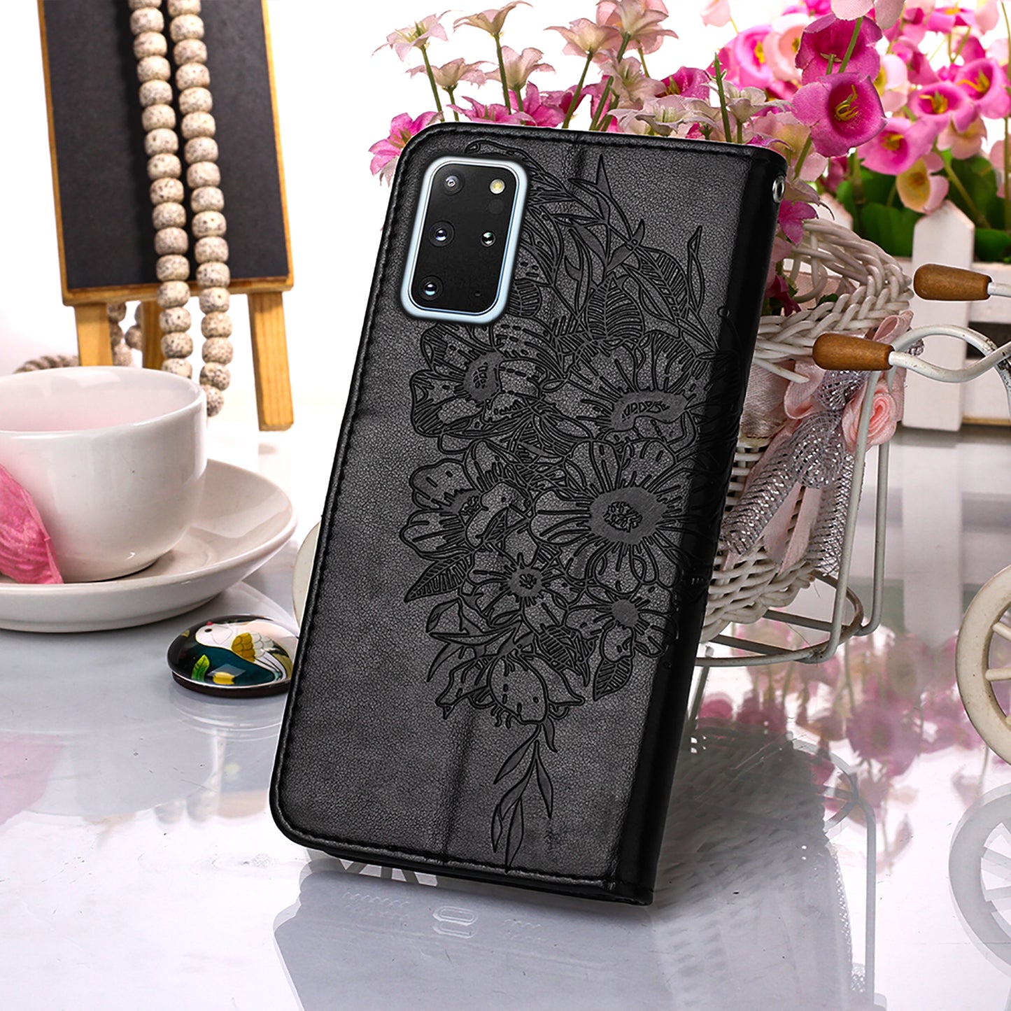 Imprint Butterfly and Flowers Wallet Leather Cell Phone Stand Shell for Samsung Galaxy S20 Plus / S20 Plus 5G - Black