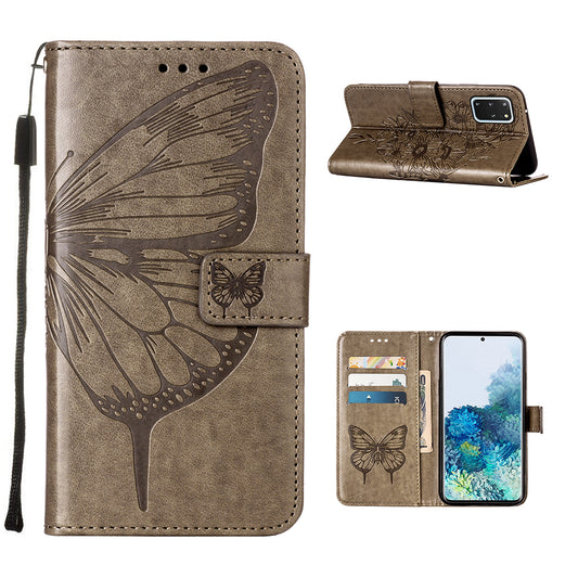Imprint Butterfly and Flowers Wallet Leather Cell Phone Stand Shell for Samsung Galaxy S20 Plus / S20 Plus 5G - Grey